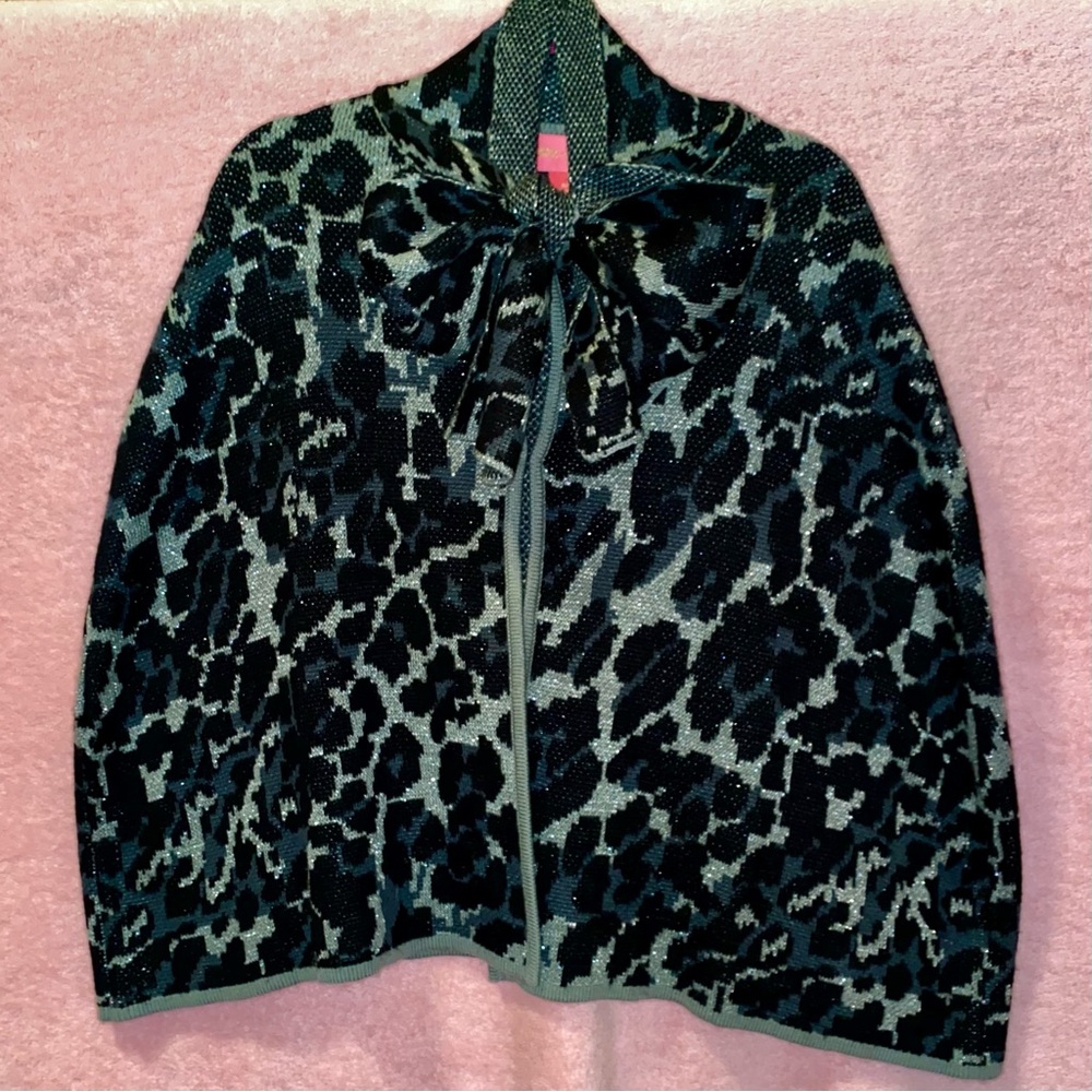Vintage Betsey Johnson Leopard Cape Poncho Overcoat Jacket Tie Front Neck Silver